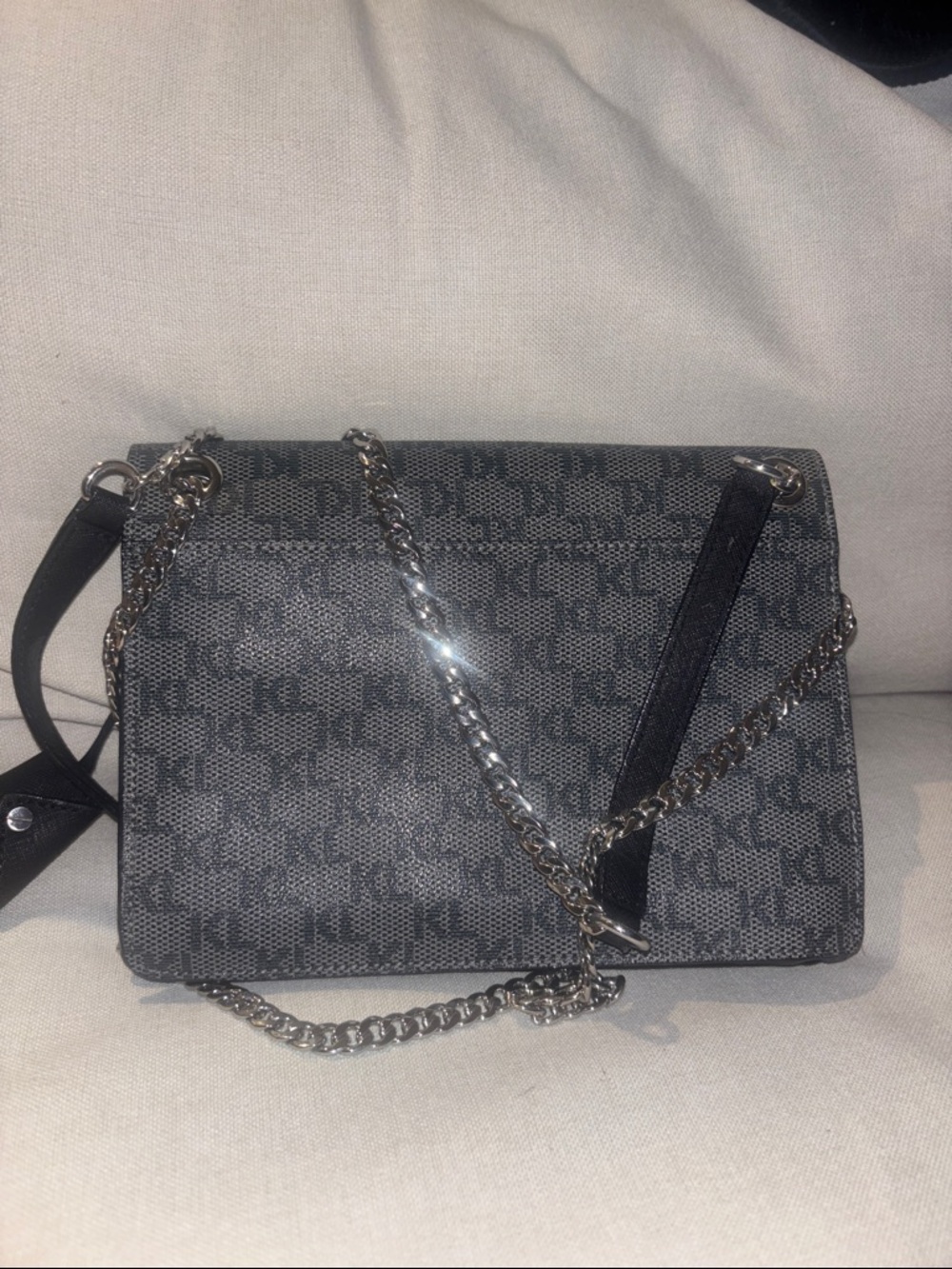 Karl Lagerfeld Gray Monogram Crossbody with Pink Floral Embroidery - Picture 3 of 6